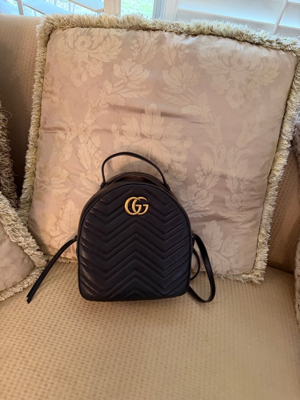 Gucci Black Chevron GG Marmont Mini Backpack with Gold Hardware.